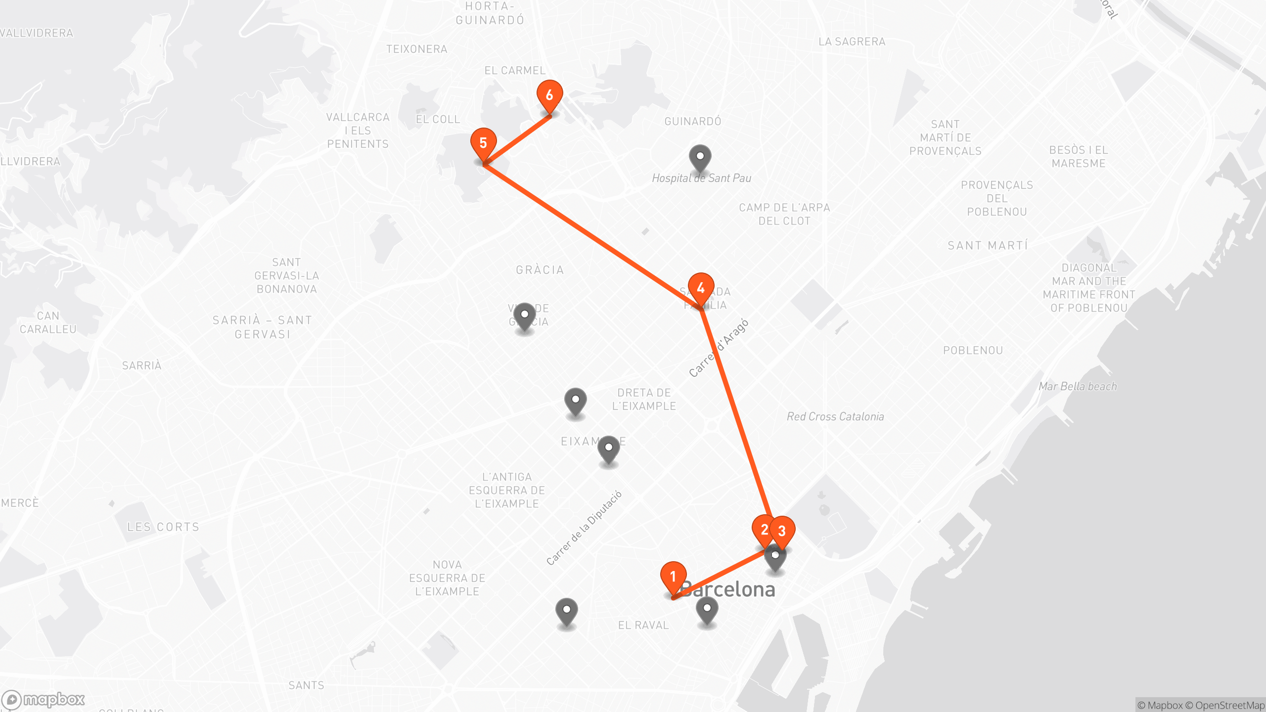 A day in Barcelona, planned by Saunt: route from La Boqueria up to Bunkers del Carmel with wishlist pins along the way